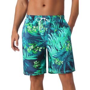 Tropical Floral Print Elastic Waist Drawstring Hawaiian Shorts Dark Green